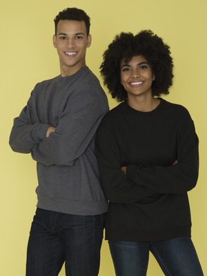 soft ringspun cotton fleece crewneck sweater.